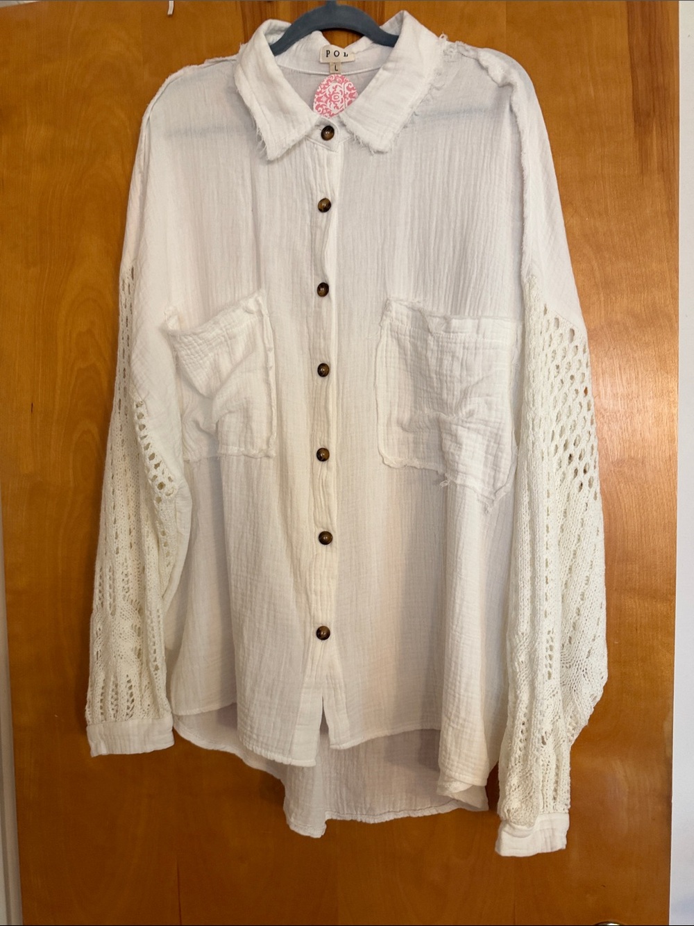 POL Oversized White/Light Cream Crochet-Sleeve Button-Down High Low Shirt NWT